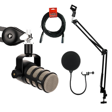Rode PodMic Dynamic Podcasting Microphone + 20ft XLR Mic Cable + Wind Screen Pop Filter - Podcast Bundle